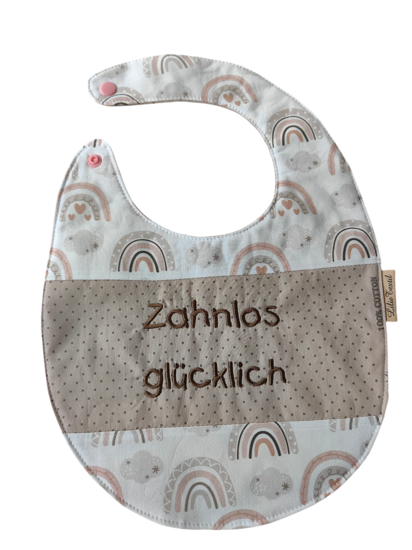 Großes besticktes Lätzchen - Regenbögen/ Zahnlos glücklich/Beige mit Punkten