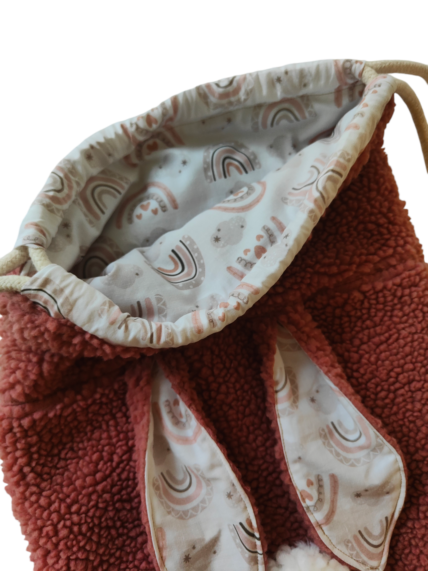 Hasenrucksack/Turnbeutel - Plüsch dunkelaltrosa/Regenbogen