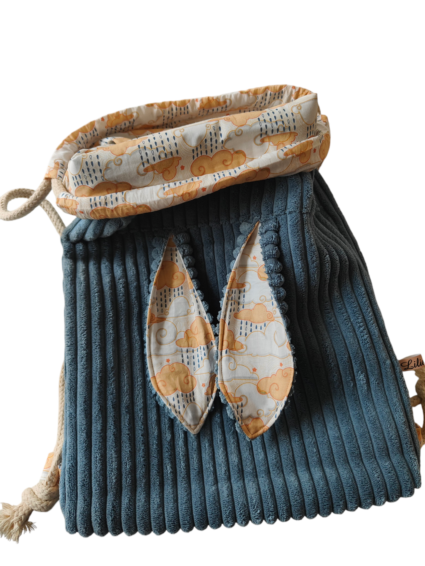 Hasenrucksack/Turnbeutel - Cord-Dustyblue/Regenwolken/Unikat