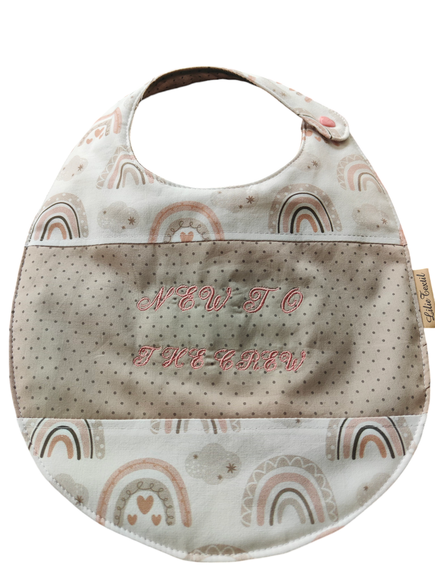 Großes besticktes Lätzchen - Regenbögen/New to the crew/Beige mit Punkten