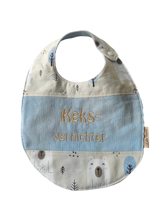 Großes besticktes Lätzchen aus Cord -Bohobär/Keksvernichter/ Babyblau/Beige