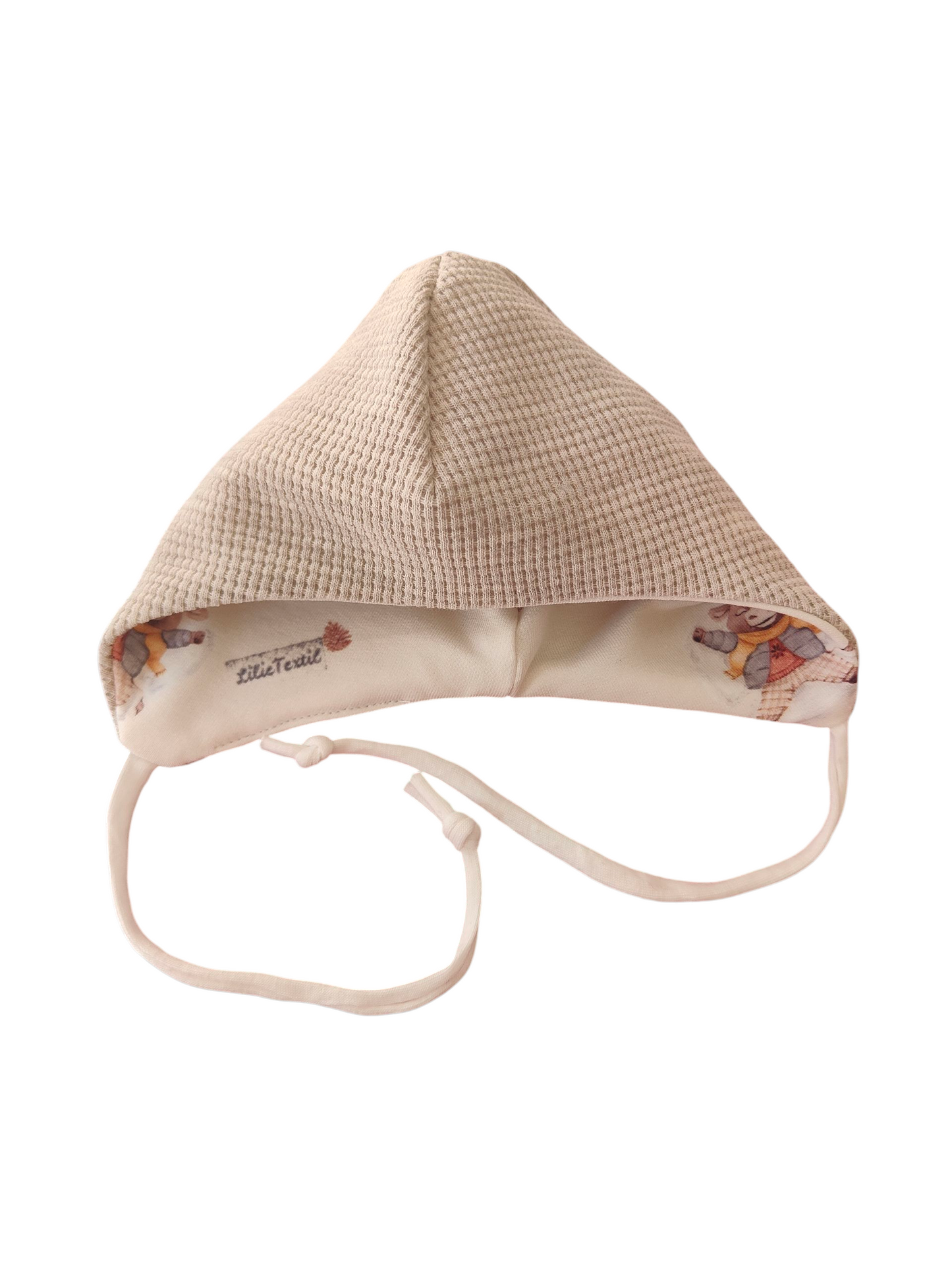 Babymütze mit Halstuch aus Biobaumwollsweat und Waffeljersey/Kuhle Eiszeit/Beige/Creme