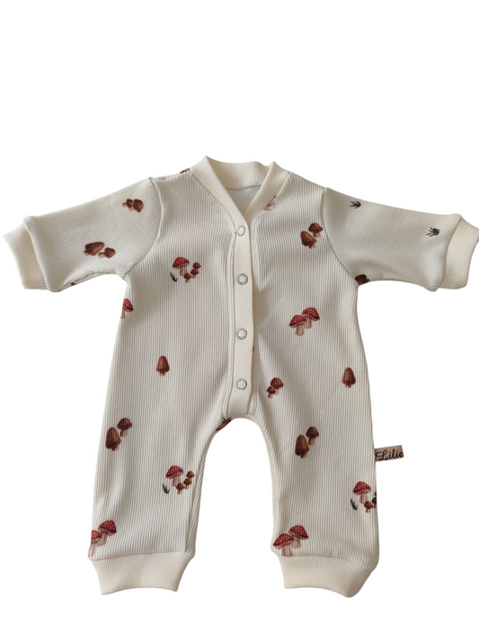 Frühchen Overall aus Biorippjersey /Fliegenpilze/Creme