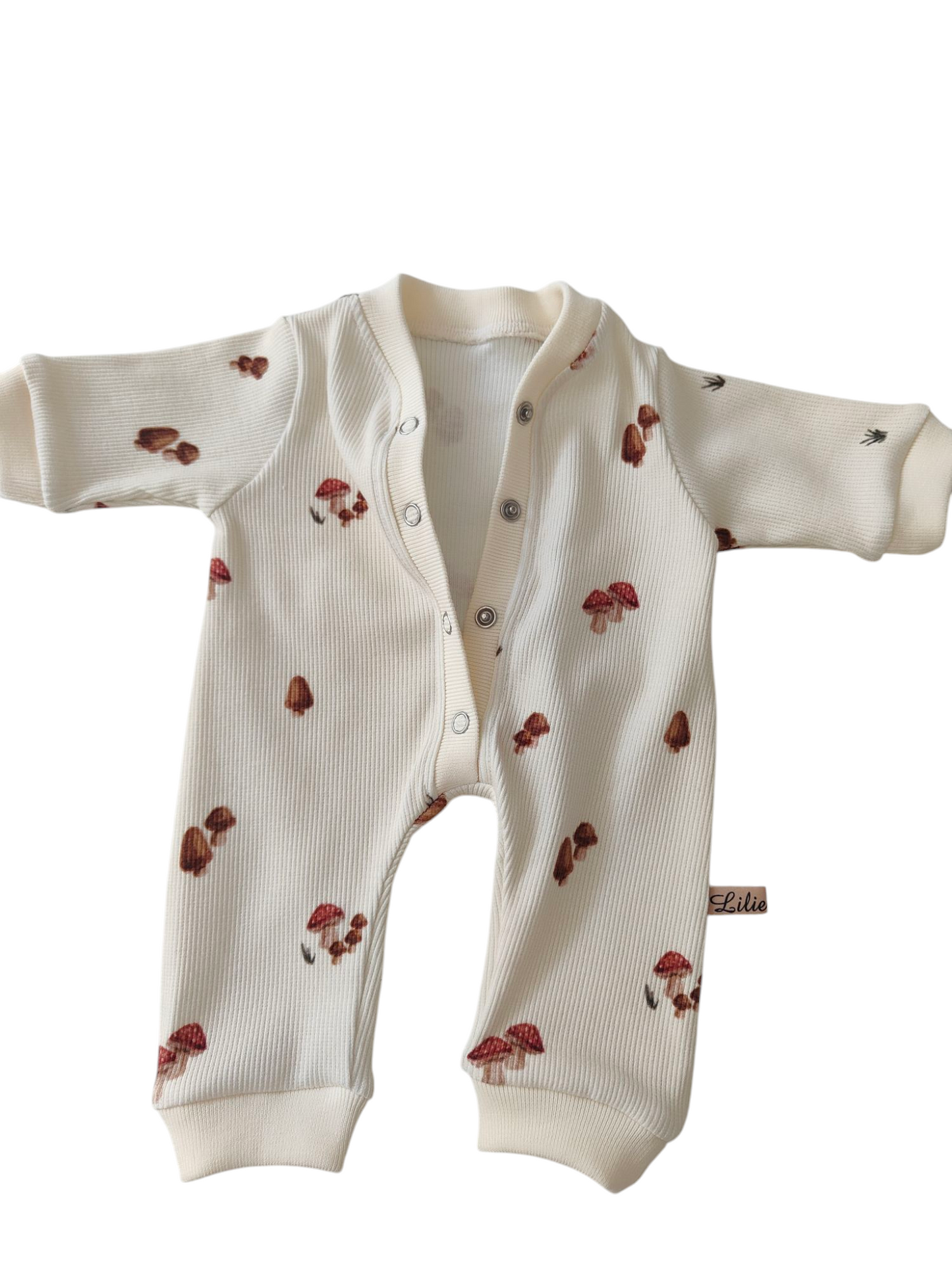 Frühchen Overall aus Biorippjersey /Fliegenpilze/Creme
