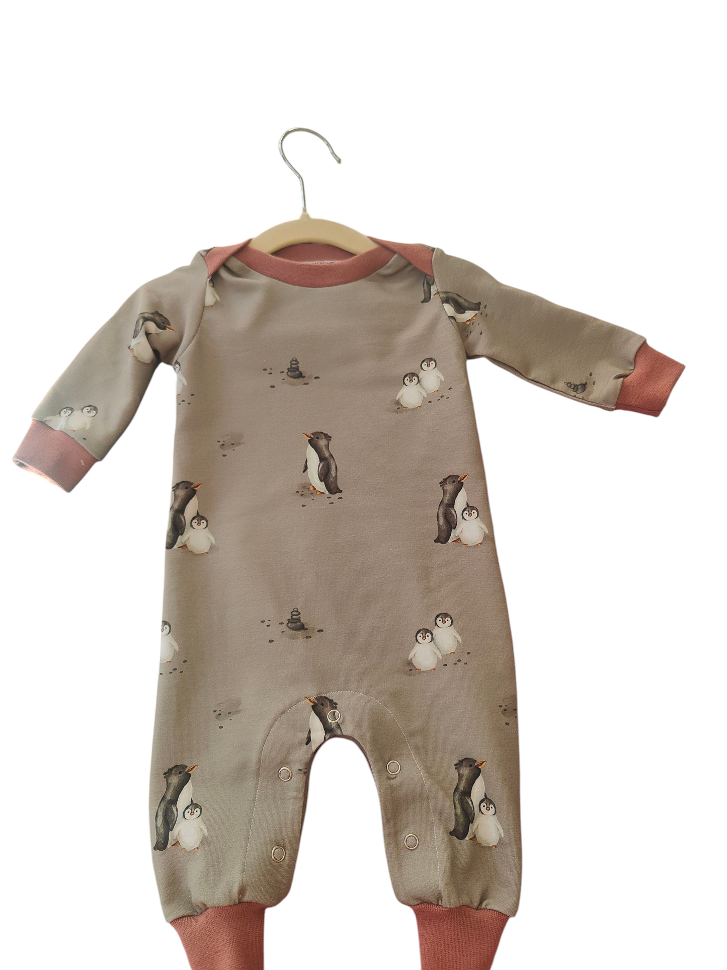 Retro-Overall aus Biobaumwollsweat- Pinguine -Grau/Rostrot