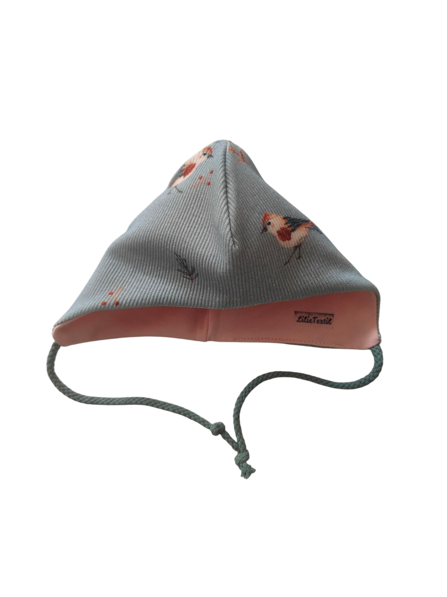 Babywendemütze aus Biobaumwollrippjersey -Dustyblue/Vögelchen/Rosa
