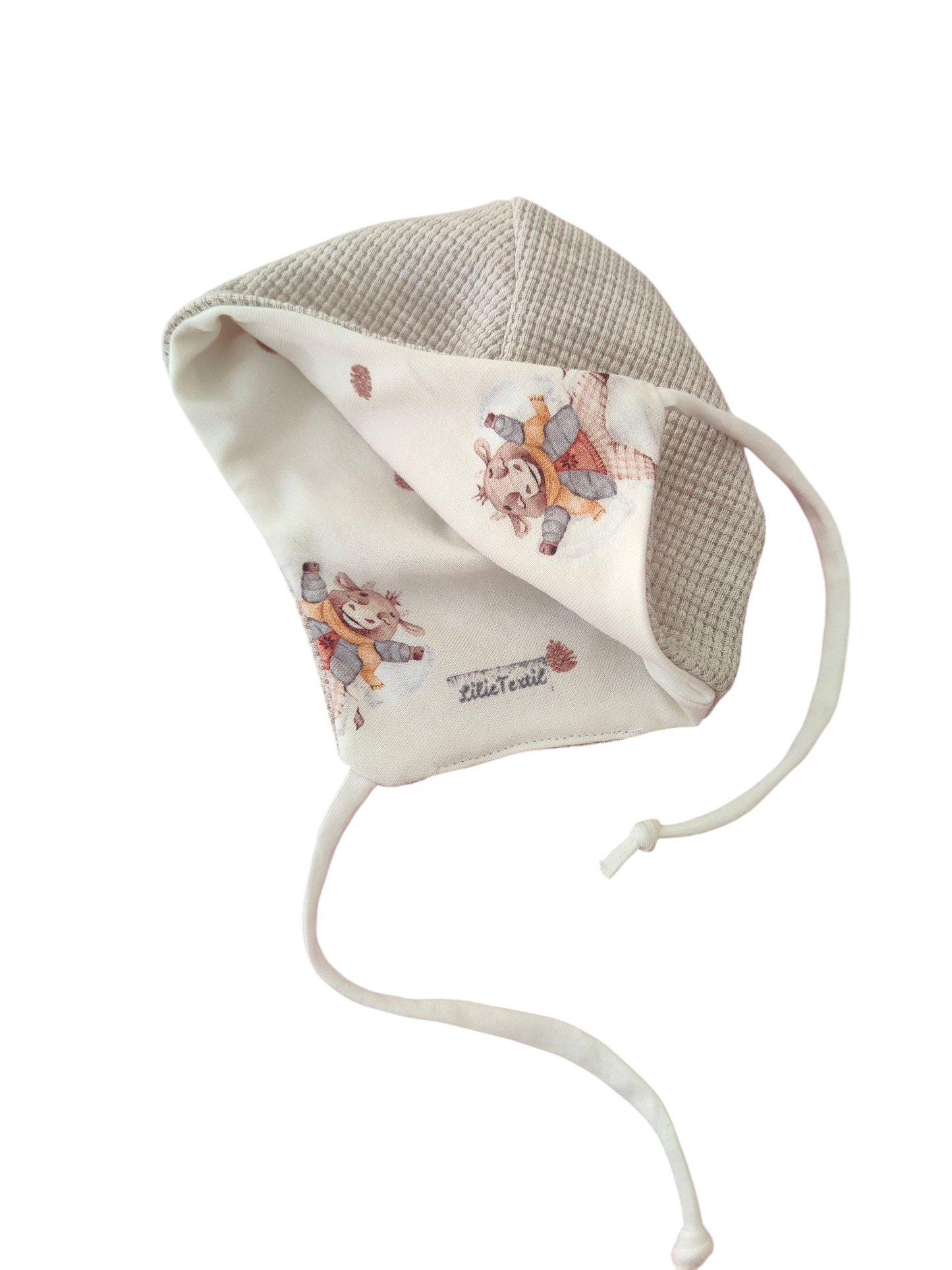 Babymütze mit Halstuch aus Biobaumwollsweat und Waffeljersey/Kuhle Eiszeit/Beige/Creme