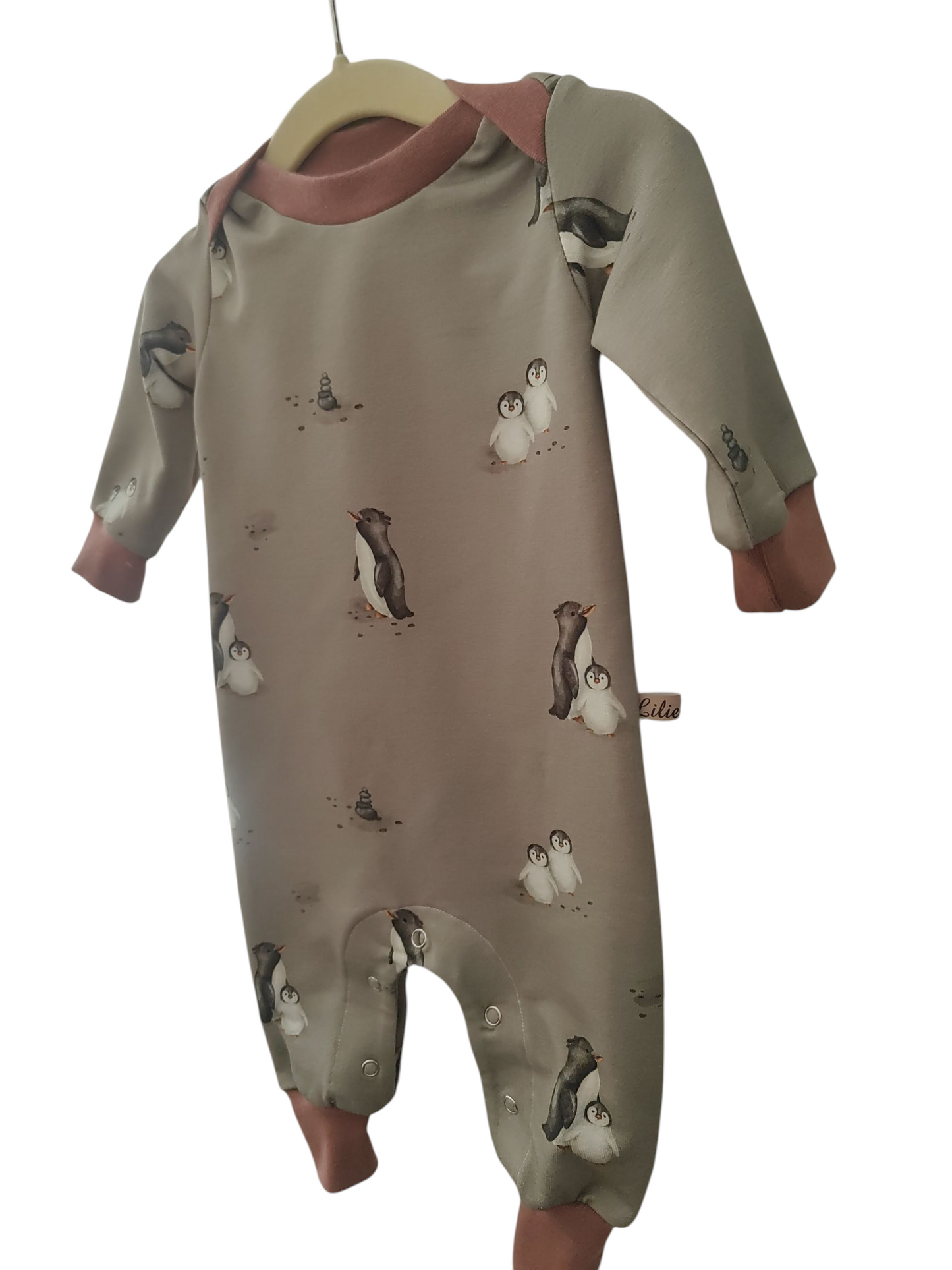 Retro-Overall aus Biobaumwollsweat- Pinguine -Grau/Rostrot