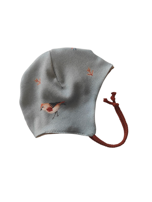 Babywendemütze aus Biobaumwollrippjersey -Dustyblue/Vögelchen/Rosa