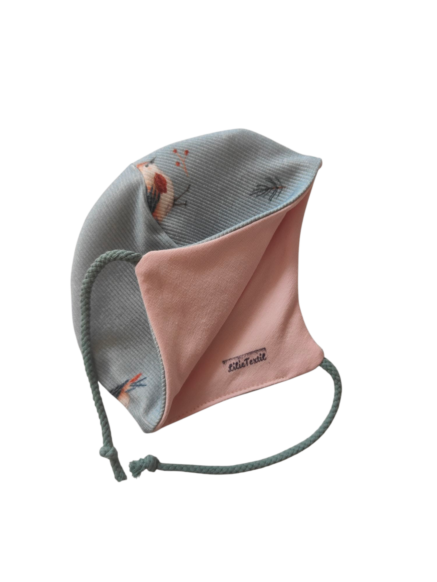 Babywendemütze aus Biobaumwollrippjersey -Dustyblue/Vögelchen/Rosa