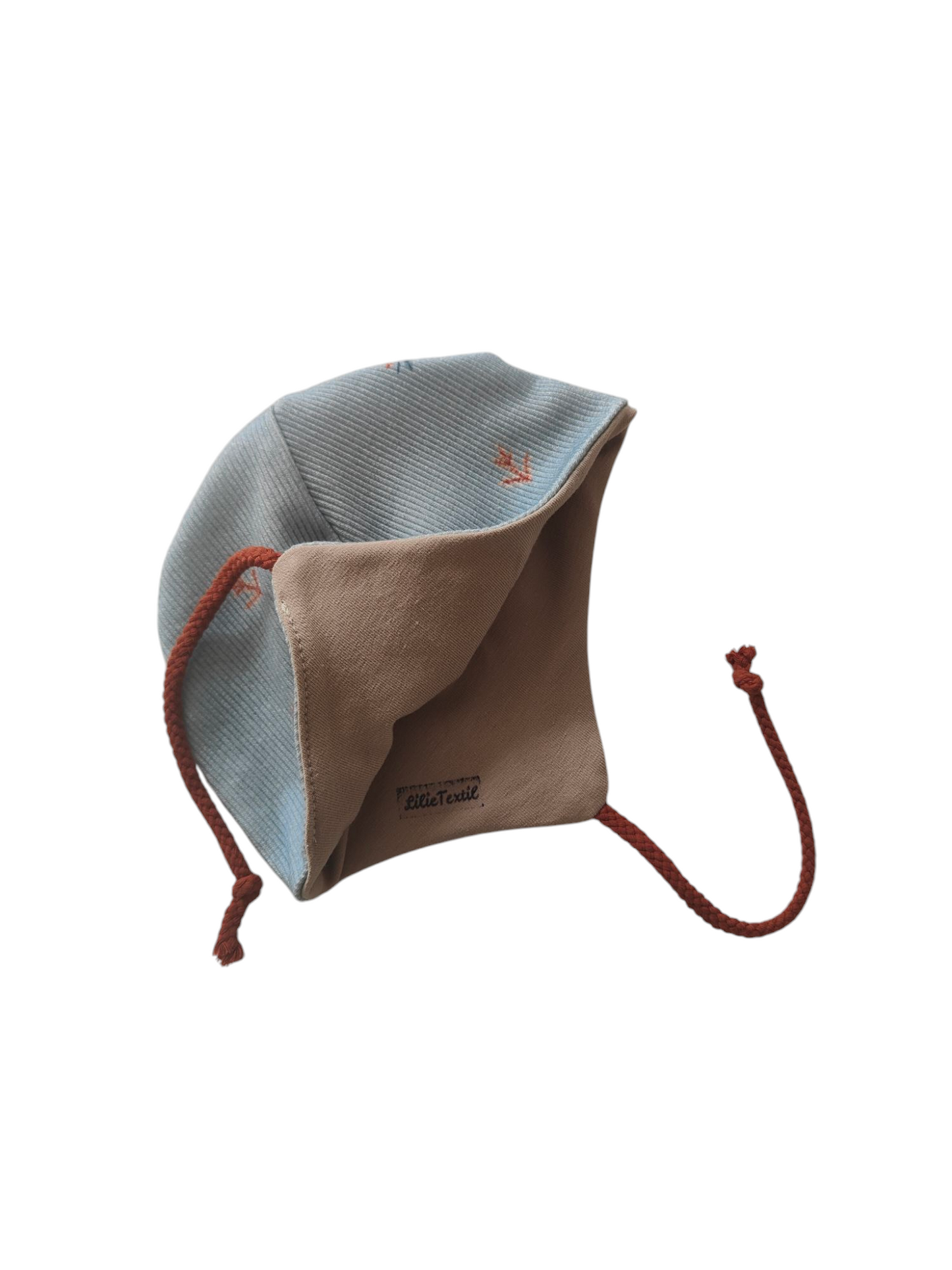 Babywendemütze aus Biobaumwollrippjersey -Dustyblue/Vögelchen/Beige