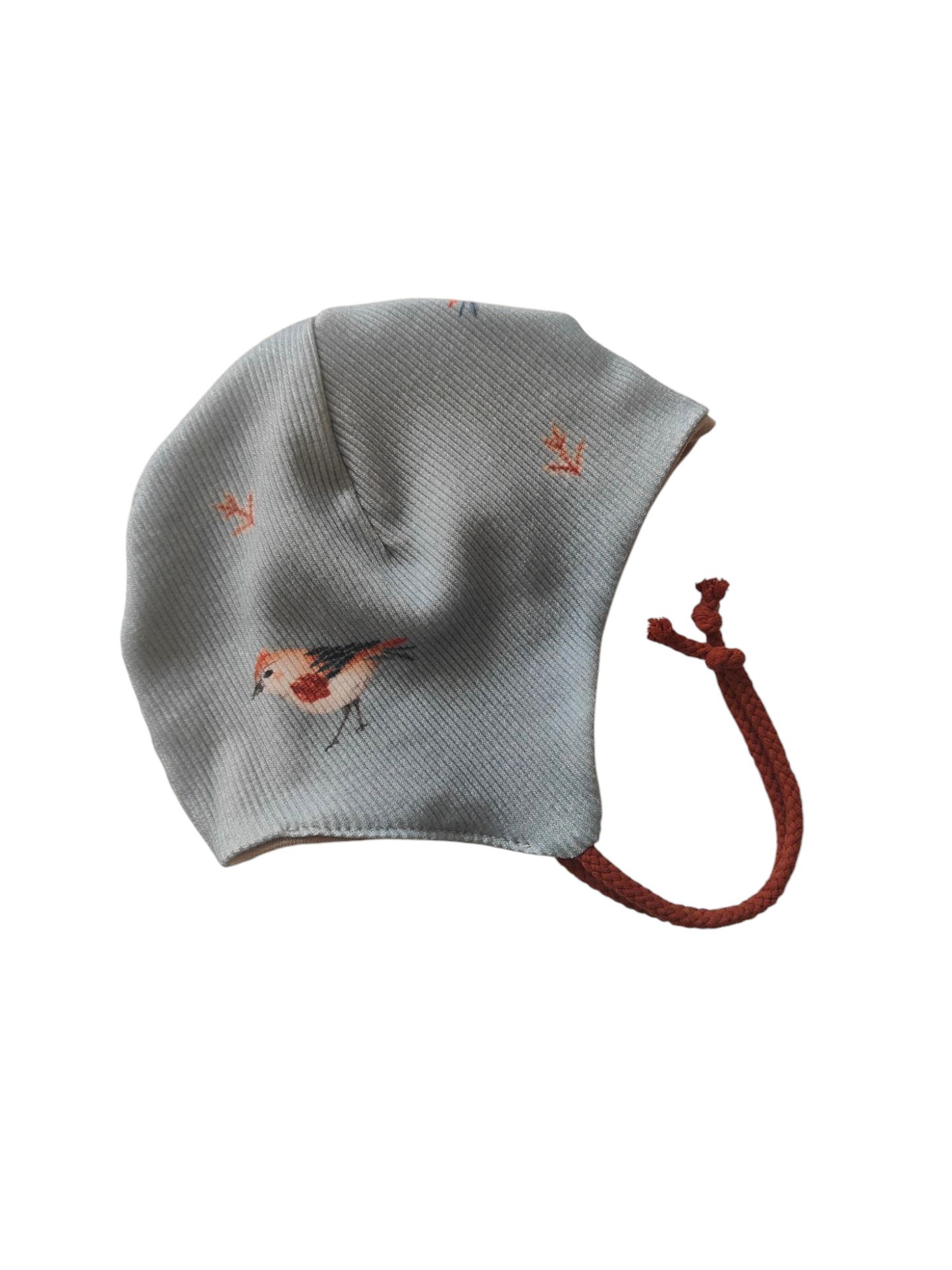 Babywendemütze aus Biobaumwollrippjersey -Dustyblue/Vögelchen/Beige